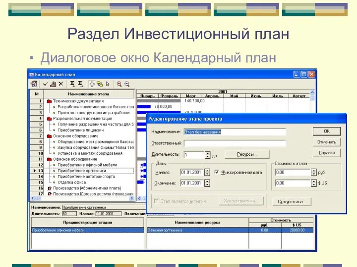 Раздел Инвестиционный план Диалоговое окно Календарный план