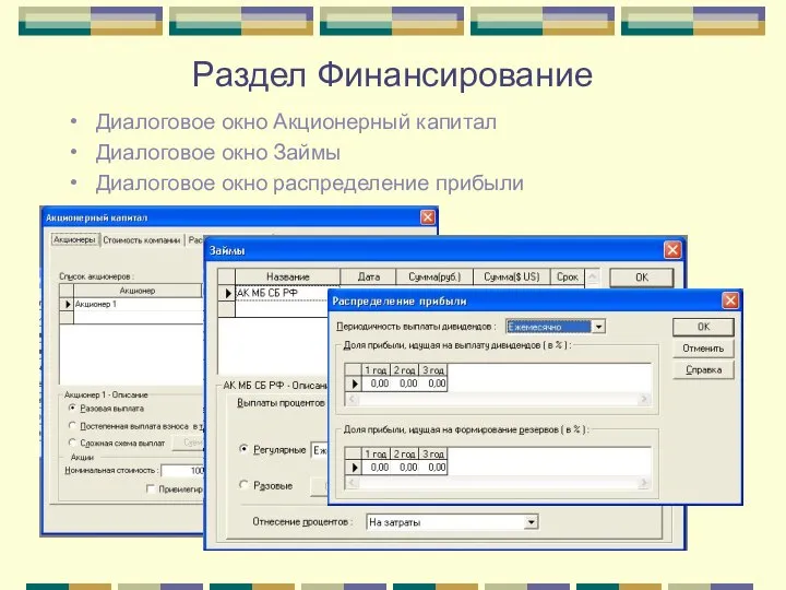 Раздел Финансирование Диалоговое окно Акционерный капитал Диалоговое окно Займы Диалоговое окно распределение прибыли