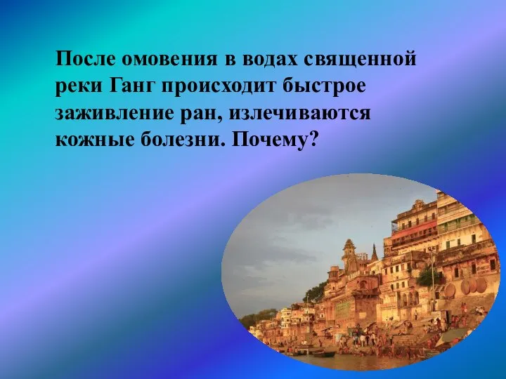 После омовения в водах священной реки Ганг происходит быстрое заживление ран, излечиваются кожные болезни. Почему?