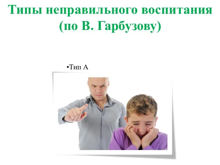 Типы неправильного воспитания (по В. Гарбузову) Тип А эмоциональное отвержение Тип Б гиперперсонализация Тип В эгоцентризм