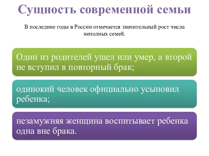 Сущность современной семьи В последние годы в России отмечается значительный рост числа неполных семей.