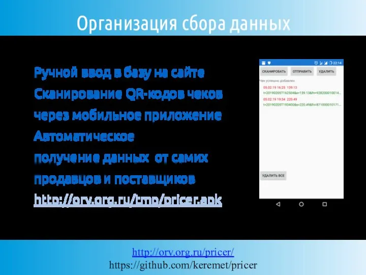 Организация сбора данных Ручной ввод в базу на сайте Сканирование QR-кодов чеков