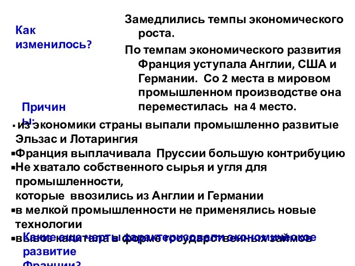 Замедлились темпы экономического роста. По темпам экономического развития Франция уступала Англии, США