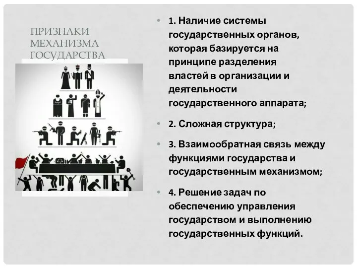 1. Наличие системы государственных органов, которая базируется на принципе разделения властей в