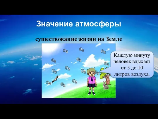 Значение атмосферы существование жизни на Земле Каждую минуту человек вдыхает от 5 до 10 литров воздуха.