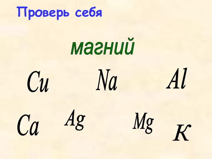 Ag Сu Al магний Na Mg К Са Проверь себя