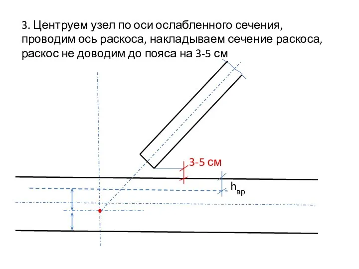 3. Центруем узел по оси ослабленного сечения, проводим ось раскоса, накладываем сечение