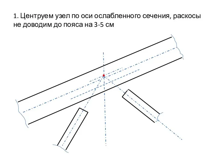 1. Центруем узел по оси ослабленного сечения, раскосы не доводим до пояса на 3-5 см