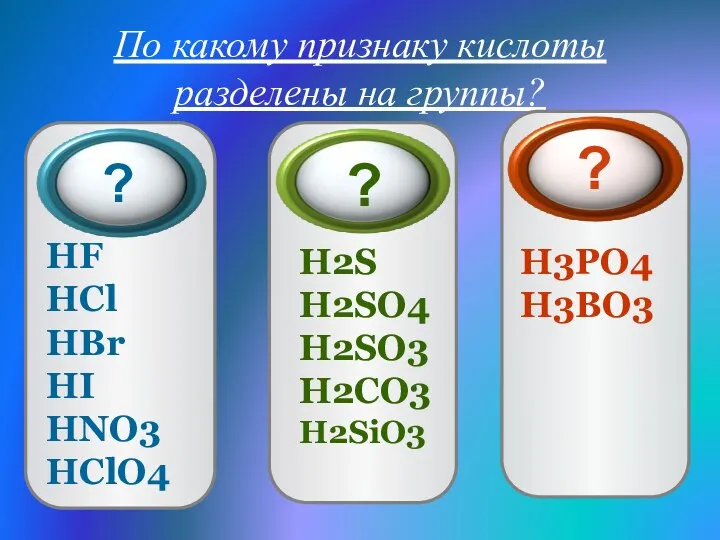 По какому признаку кислоты разделены на группы? HF HCl HBr HI HNO3