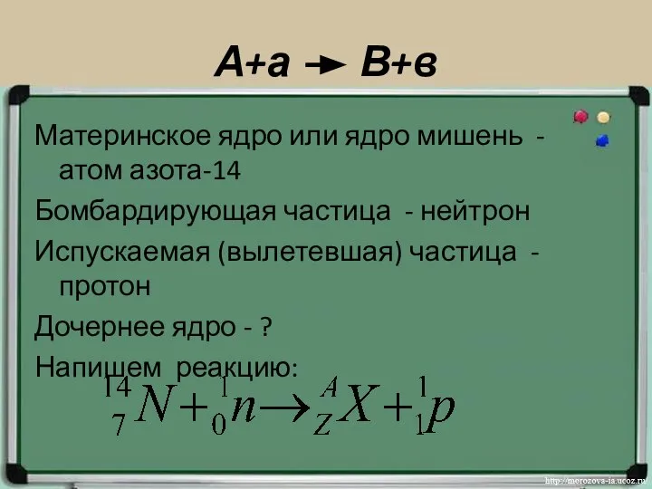 А+а В+в Материнское ядро или ядро мишень - атом азота-14 Бомбардирующая частица