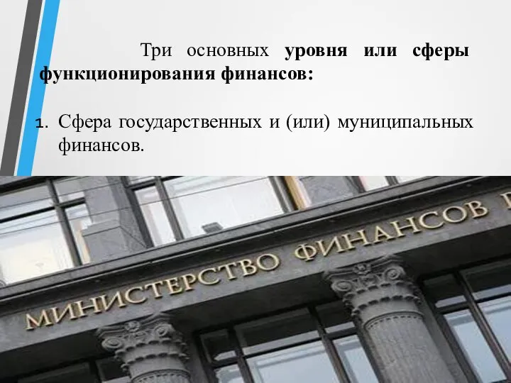 Три основных уровня или сферы функционирования финансов: Сфера государственных и (или) муниципальных финансов.