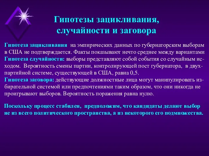 Гипотезы зацикливания, случайности и заговора Поскольку процесс стабилен, предположим, что кандидаты делают