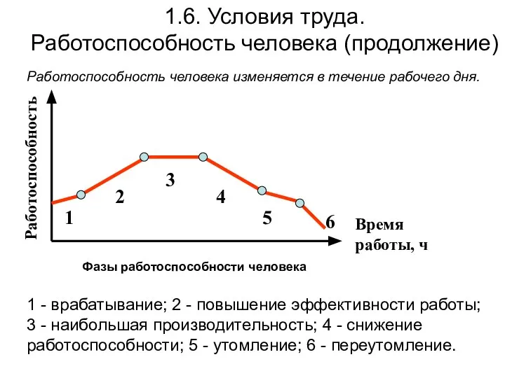 1.6. Условия труда. Работоспособность человека (продолжение) Работоспособность человека изменяется в течение рабочего