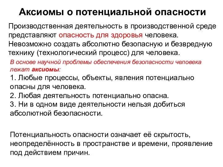 Аксиомы о потенциальной опасности Производственная деятельность в производственной среде представляют опасность для