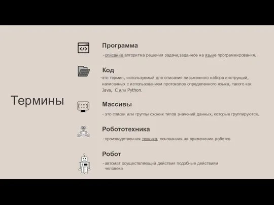 Термины Программа описание алгоритма решения задачи,заданное на языке программирования. Код это термин,