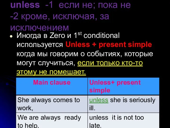 unless -1 если не; пока не -2 кроме, исключая, за исключением Иногда