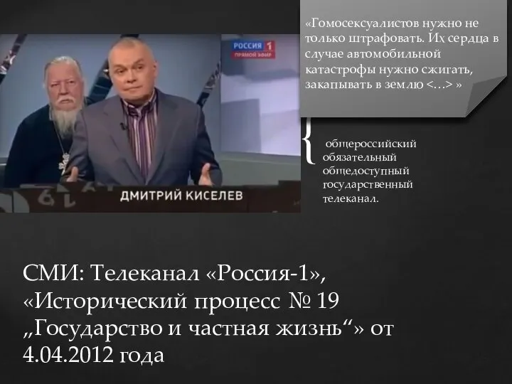 общероссийский обязательный общедоступный государственный телеканал. СМИ: Телеканал «Россия-1», «Исторический процесс № 19