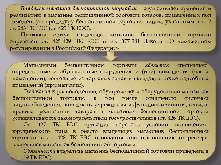 Владелец магазина беспошлинной торговли – осуществляет хранение и реализацию в магазине беспошлинной