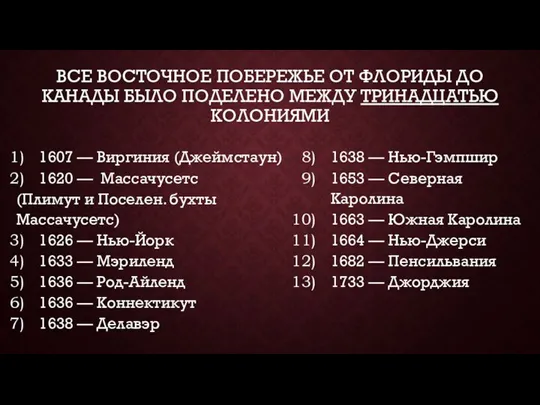 ВСЕ ВОСТОЧНОЕ ПОБЕРЕЖЬЕ ОТ ФЛОРИДЫ ДО КАНАДЫ БЫЛО ПОДЕЛЕНО МЕЖДУ ТРИНАДЦАТЬЮ КОЛОНИЯМИ