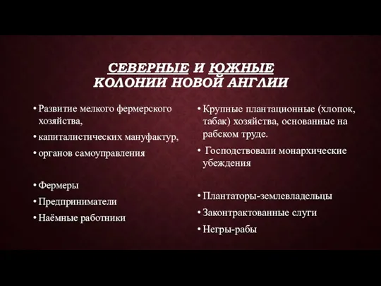 СЕВЕРНЫЕ И ЮЖНЫЕ КОЛОНИИ НОВОЙ АНГЛИИ Развитие мелкого фермерского хозяйства, капиталистических мануфактур,