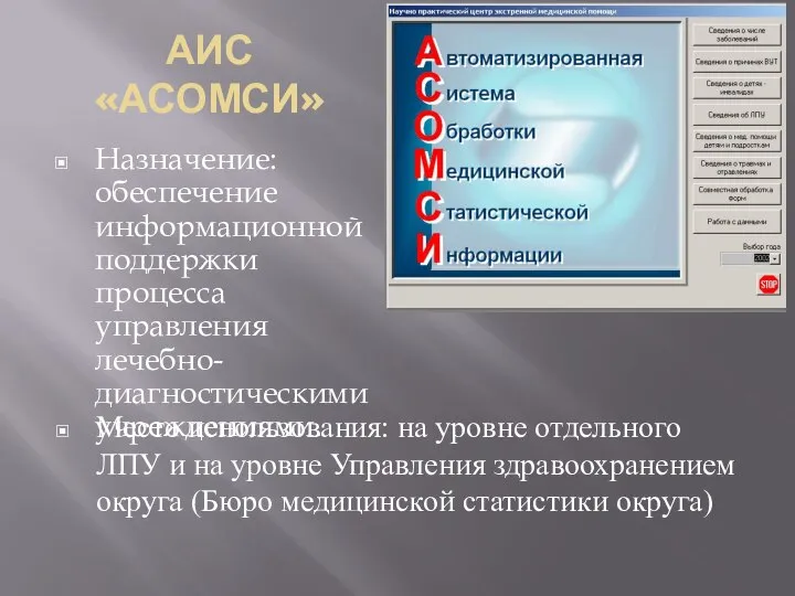 АИС «АСОМСИ» Назначение: обеспечение информационной поддержки процесса управления лечебно-диагностическими учреждениями. Место использования: