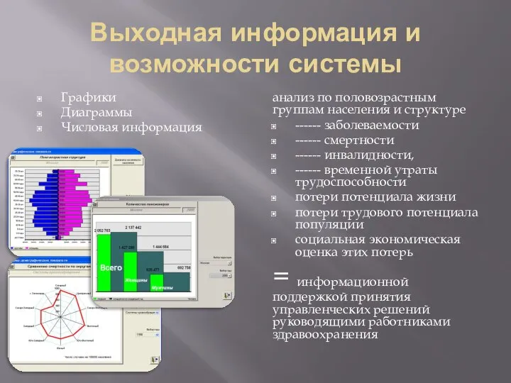 Выходная информация и возможности системы Графики Диаграммы Числовая информация анализ по половозрастным