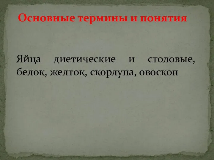 Основные термины и понятия Яйца диетические и столовые, белок, желток, скорлупа, овоскоп