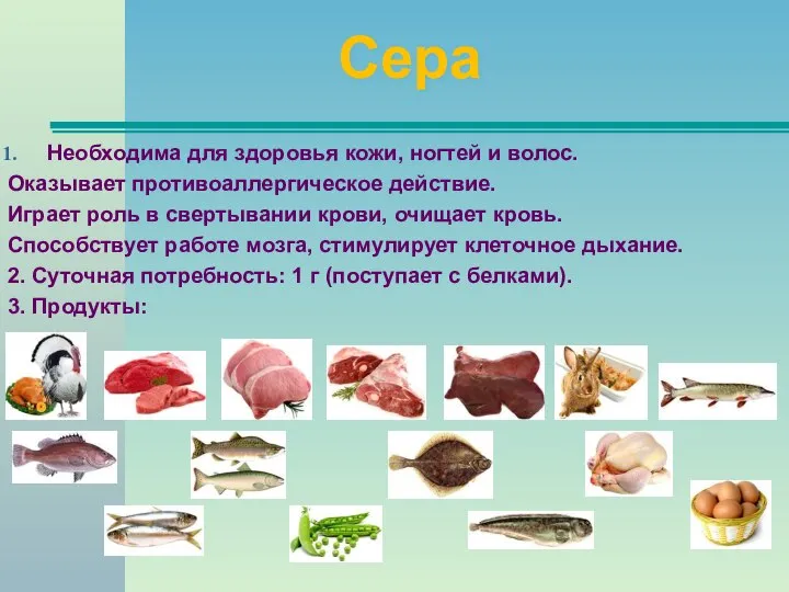 Сера Необходима для здоровья кожи, ногтей и волос. Оказывает противоаллергическое действие. Играет