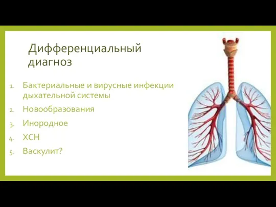 Дифференциальный диагноз Бактериальные и вирусные инфекции дыхательной системы Новообразования Инородное ХСН Васкулит?