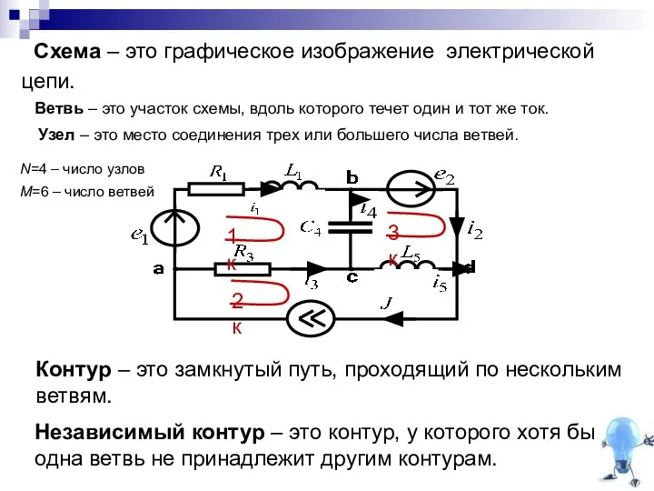 Схема – это графическое изображение электрической цепи. Ветвь – это участок схемы,