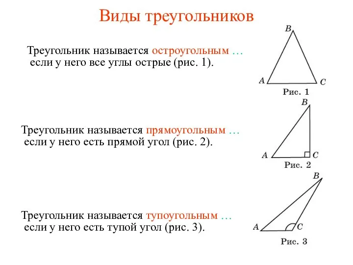 Виды треугольников Треугольник называется остроугольным … Треугольник называется прямоугольным … Треугольник называется тупоугольным …