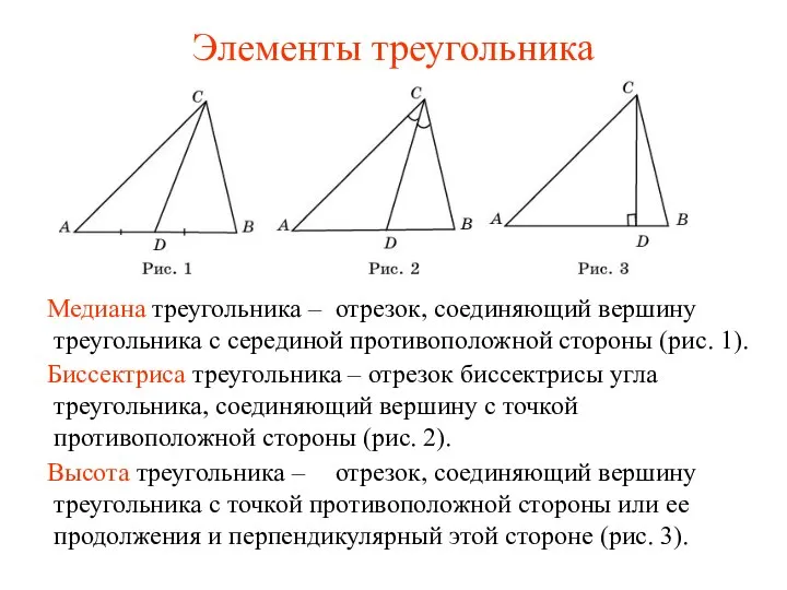 Элементы треугольника Медиана треугольника – Биссектриса треугольника – Высота треугольника – отрезок,