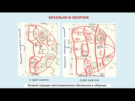 БАТАЛЬОН В ОБОРОНЕ в один эшелон в два эшелона Боевой порядок мотострелкового батальона в обороне: