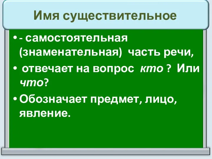 Имя существительное - самостоятельная (знаменательная) часть речи, отвечает на вопрос кто ?