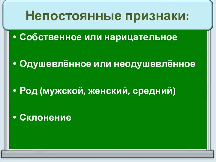 Непостоянные признаки: Собственное или нарицательное Одушевлённое или неодушевлённое Род (мужской, женский, средний) Склонение