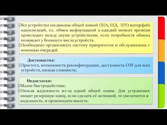 Все устройства соединены общей шиной (ША, ШД, ШУ) интерфейс односвязный, т.е. обмен