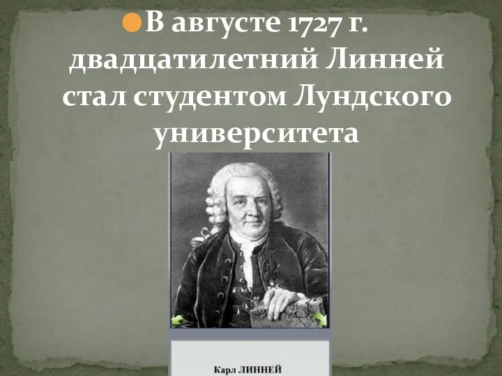 В августе 1727 г. двадцатилетний Линней стал студентом Лундского университета