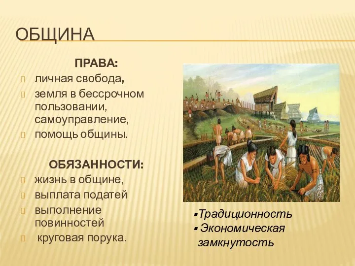 ОБЩИНА ПРАВА: личная свобода, земля в бессрочном пользовании, самоуправление, помощь общины. ОБЯЗАННОСТИ: