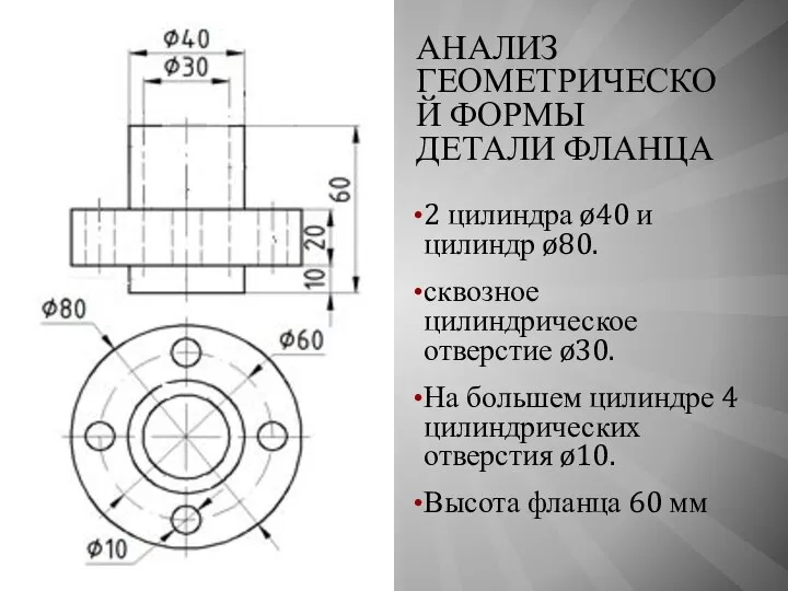 АНАЛИЗ ГЕОМЕТРИЧЕСКОЙ ФОРМЫ ДЕТАЛИ ФЛАНЦА 2 цилиндра ø40 и цилиндр ø80. сквозное