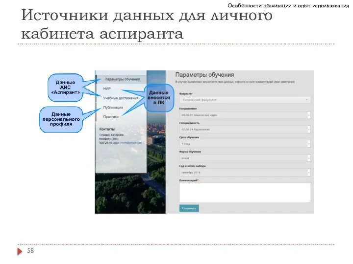 Источники данных для личного кабинета аспиранта Особенности реализации и опыт использования