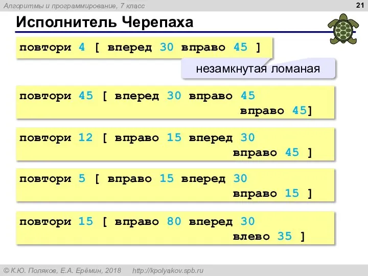 Исполнитель Черепаха повтори 4 [ вперед 30 вправо 45 ] незамкнутая ломаная