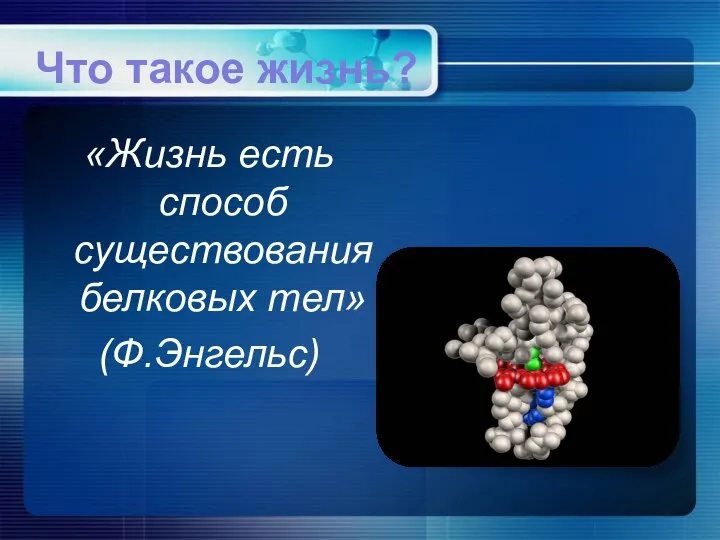 Что такое жизнь? «Жизнь есть способ существования белковых тел» (Ф.Энгельс)