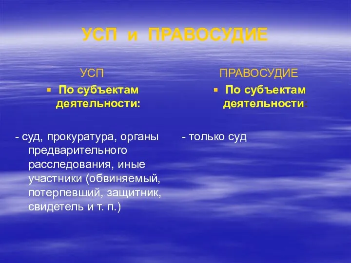 УСП и ПРАВОСУДИЕ УСП По субъектам деятельности: - суд, прокуратура, органы предварительного