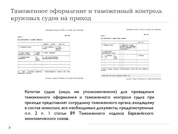 Таможенное оформление и таможенный контроль круизных судов на приход Капитан судна (лицо,