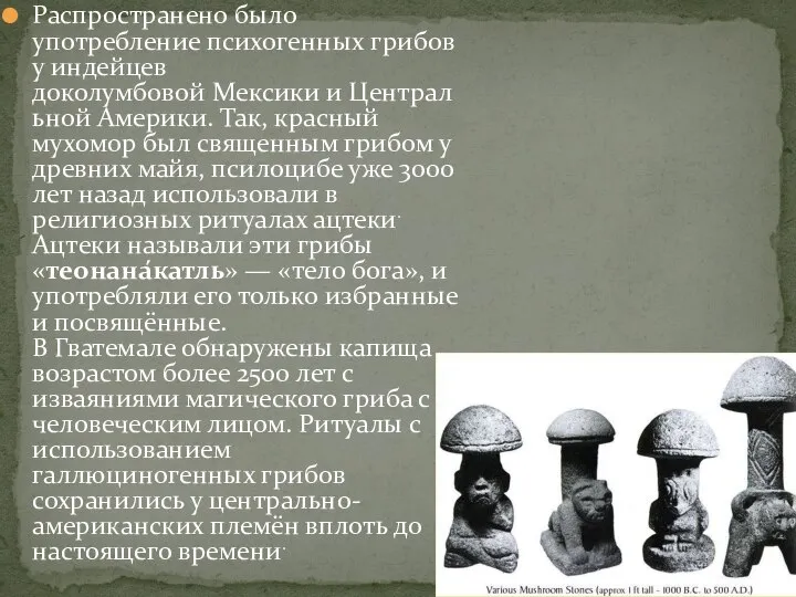 Распространено было употребление психогенных грибов у индейцев доколумбовой Мексики и Центральной Америки.