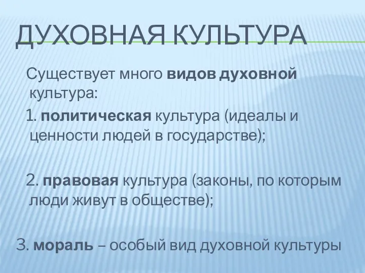 ДУХОВНАЯ КУЛЬТУРА Существует много видов духовной культура: 1. политическая культура (идеалы и