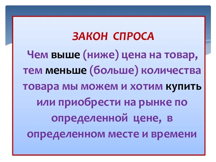 ЗАКОН СПРОСА Чем выше (ниже) цена на товар, тем меньше (больше) количества