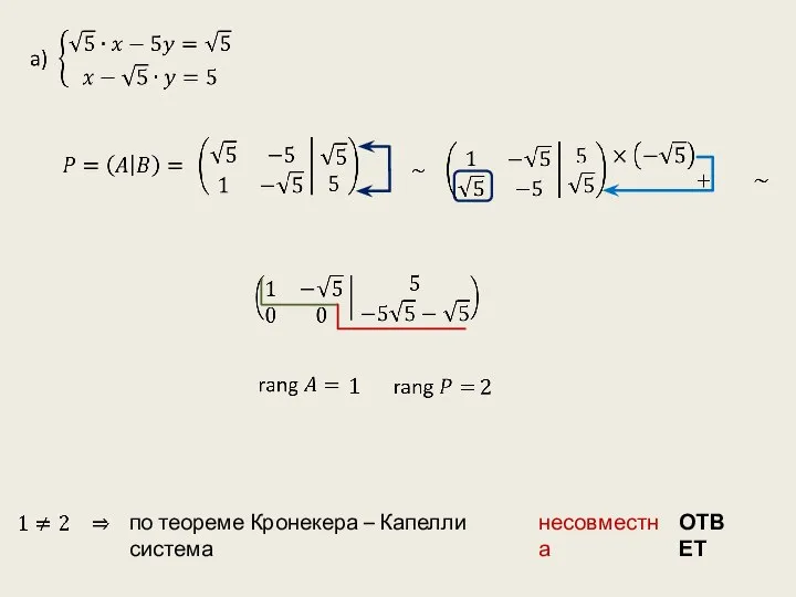 по теореме Кронекера – Капелли система несовместна ОТВЕТ