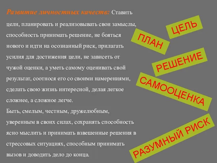 Развитие личностных качеств: Ставить цели, планировать и реализовывать свои замыслы, способность принимать