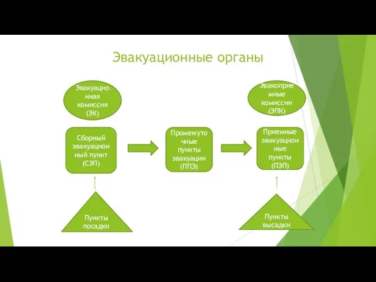 Эвакуационные органы Сборный эвакуационный пункт (СЭП) Промежуточные пункты эвакуации (ППЭ) Приемные эвакуационные